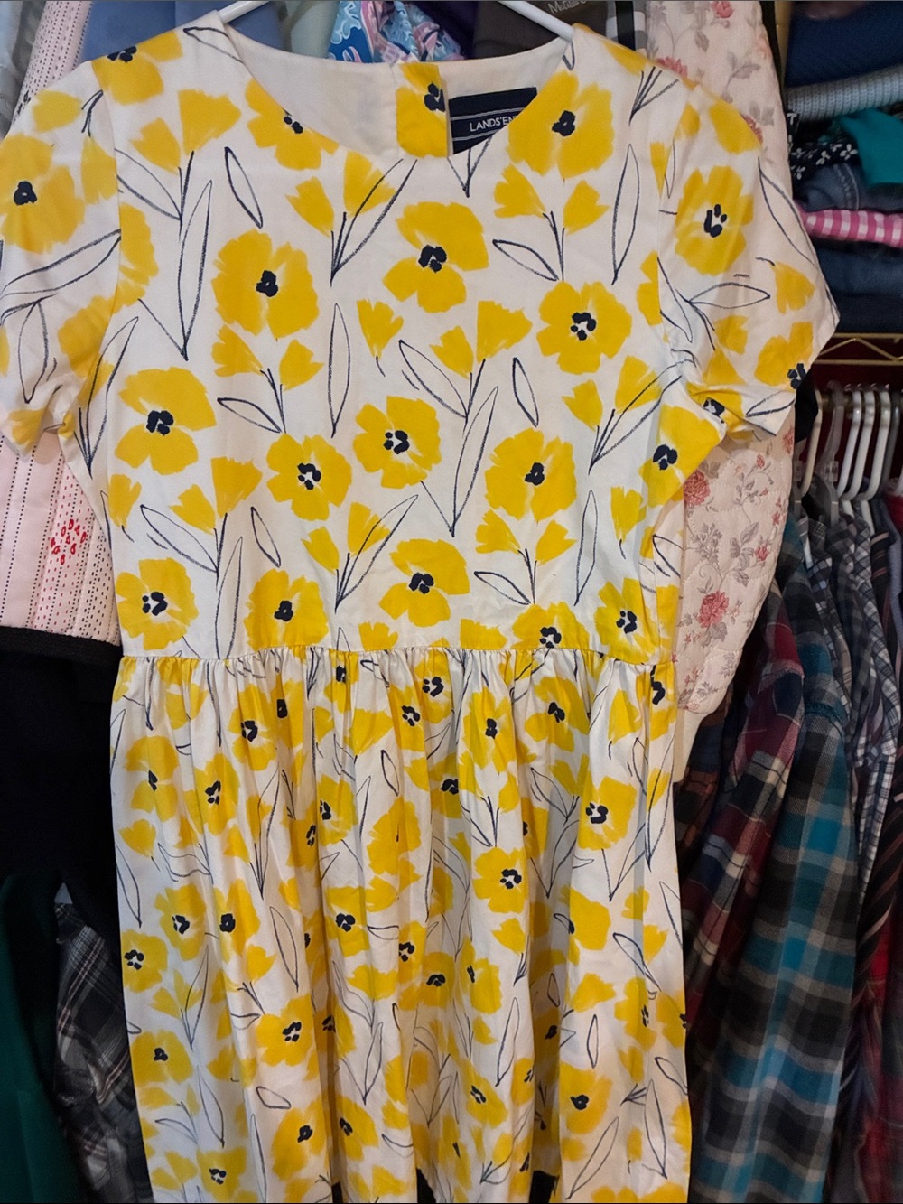 Lands' End White Cotton Dress with Bright Yellow Floral Print